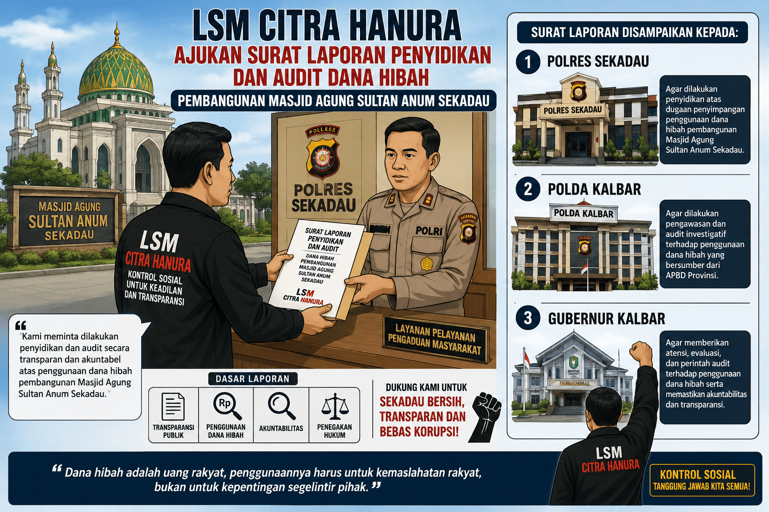 LSM Citra Hanura Laporkan Dugaan Penyimpangan Dana Hibah Pembangunan Masjid Agung Sultan Anum Sekadau ke Polisi
