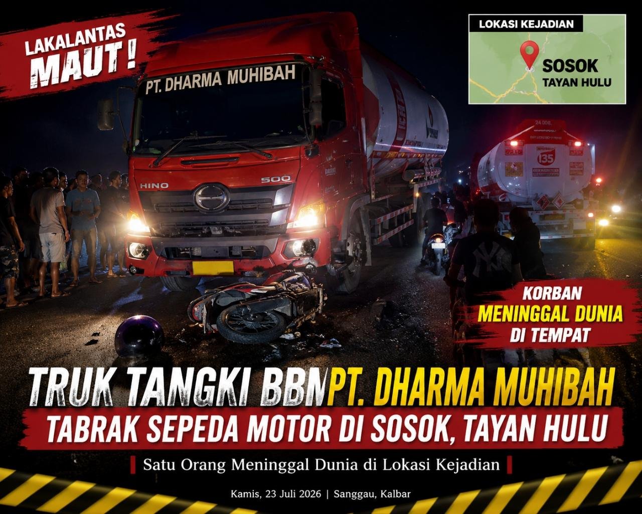 Kecelakaan Maut di Sosok, Tayan Hulu: Truk Tangki BBM PT Dharma Muhibah Bertabrakan dengan Sepeda Motor, Satu Orang Meninggal Dunia