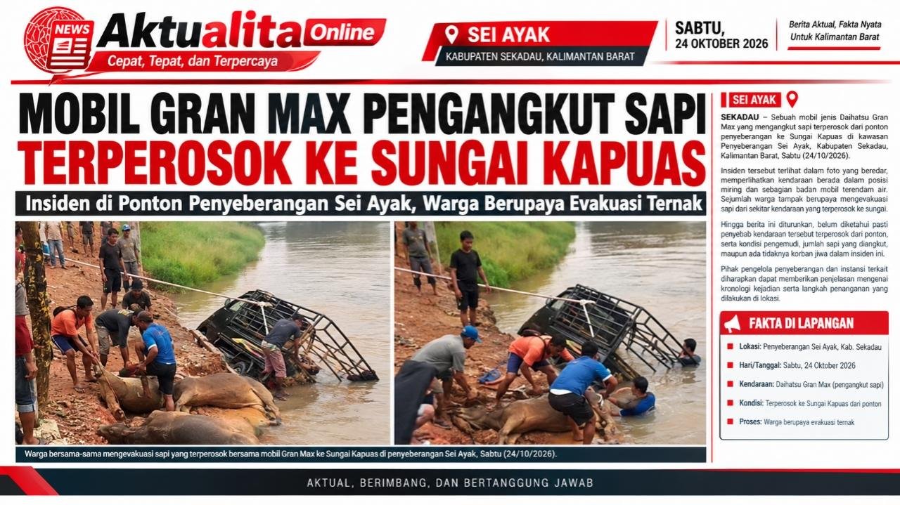 Mobil Gran Max Pengangkut Sapi Terperosok ke Sungai Kapuas di Penyeberangan Sei Ayak, Warga Berjibaku Evakuasi Ternak