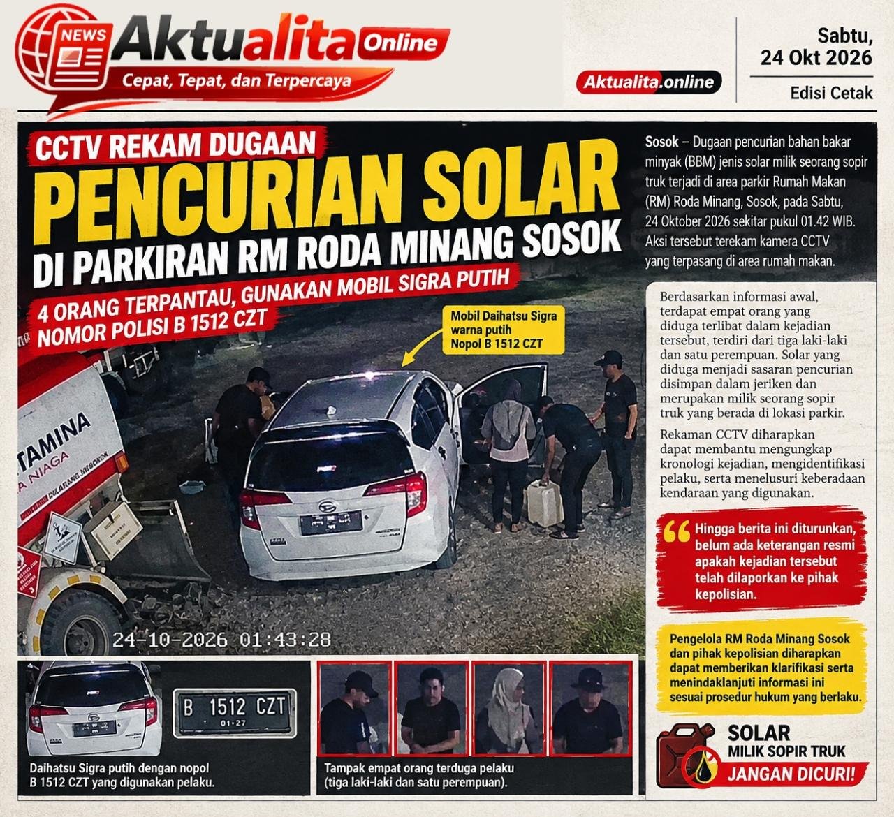 CCTV Rekam Dugaan Pencurian Solar Milik Sopir Truk di Parkiran RM Roda Minang Sosok, Mobil Sigra Putih Terekam